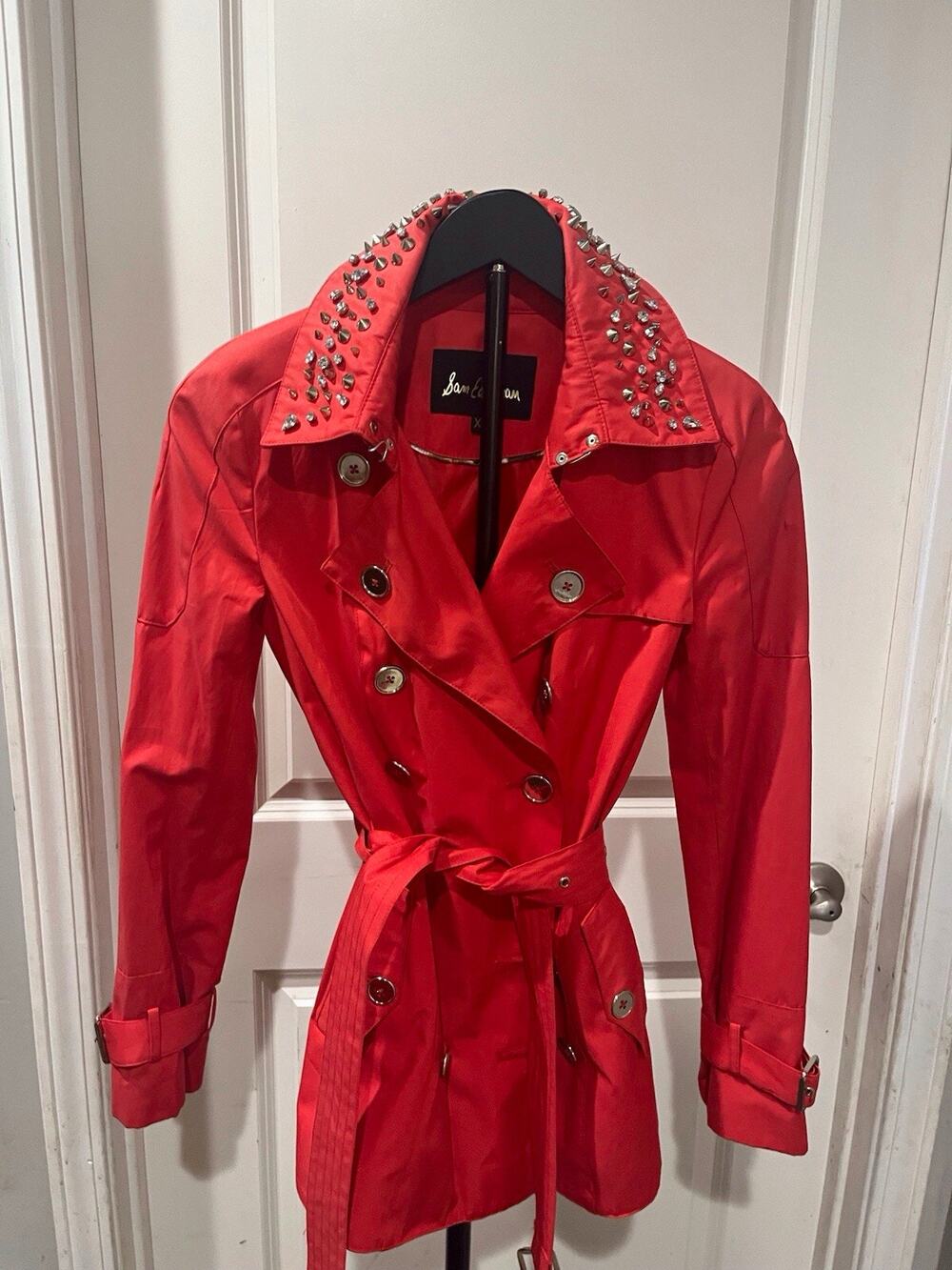 Sam Edelman Red Studded Collar Belted Trench Coat Cotton Blend XS